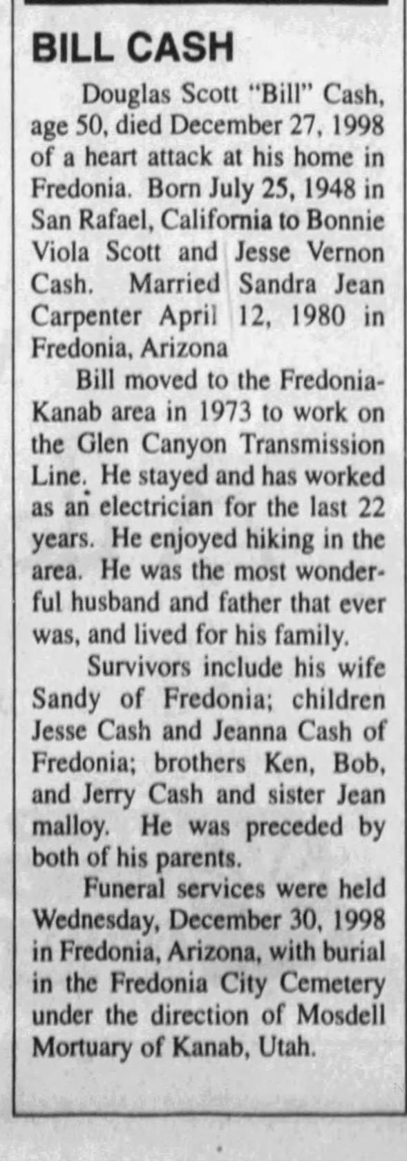 Obituary for BILL CASH, 1948-1998 (Aged 50)